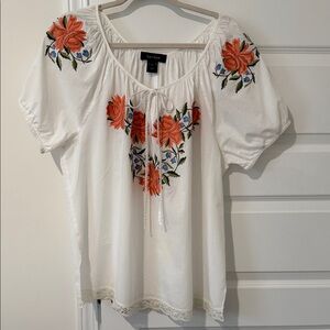 Karen Kane White Top with Orange and Blue Floral Design